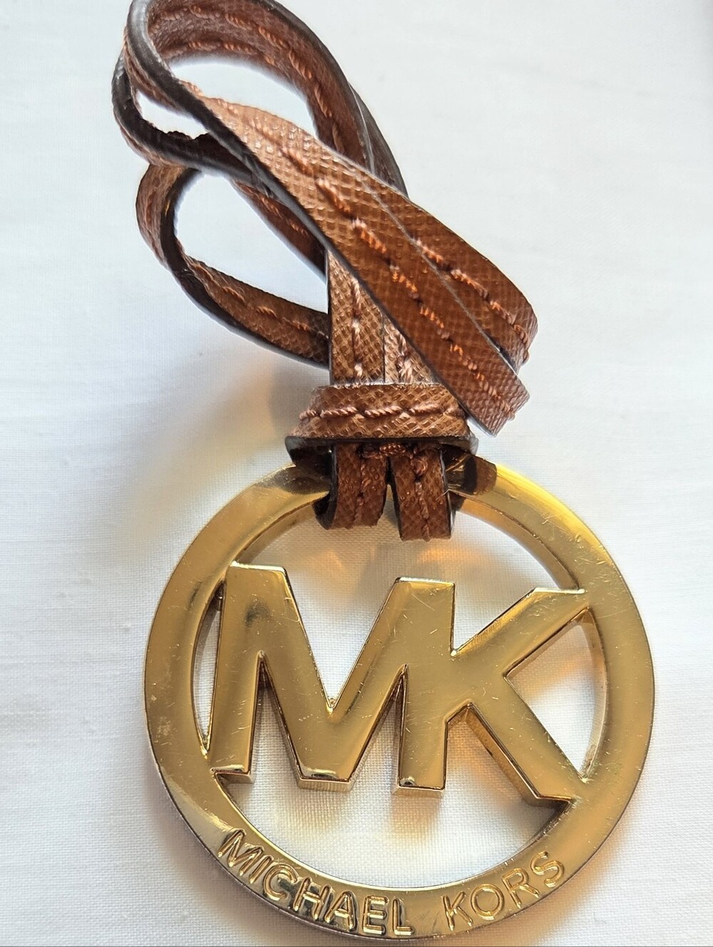 Michael Kors MK Gold Tone Metal  Logo Charm Brown Strap Handbag Hang Tag Fob